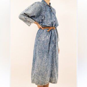 Vintage 1980s Claudine Bueche Acid Wash Denim Midi 3/4 Sleeve Dress Size Medium